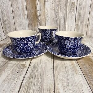 Vintage Burleigh Blue Calico Plate Set England Staffordshire 6 PC/w 1 Deep Plate